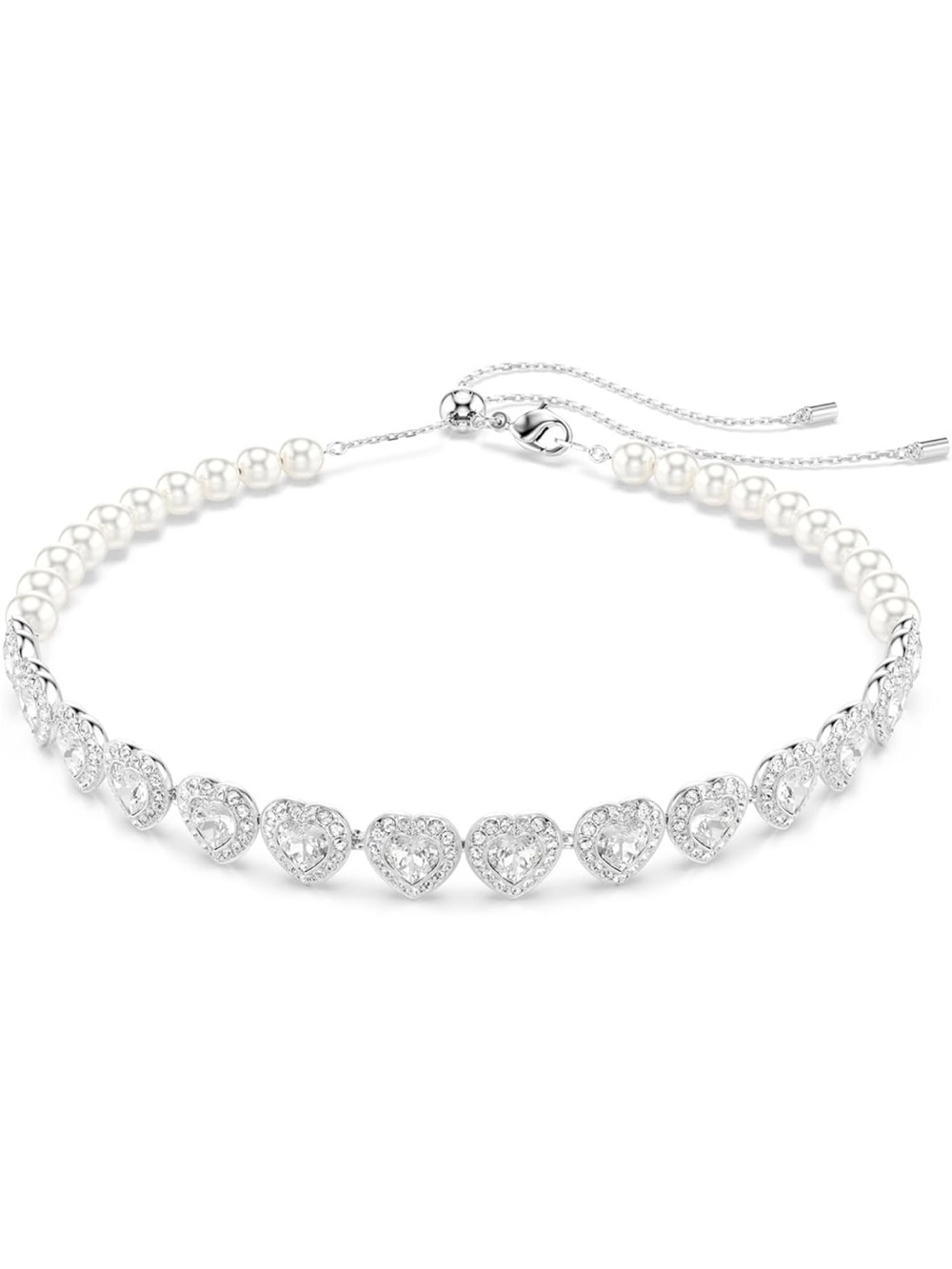 Swarovski Silver Heart & Pearl Slider Choker Necklace - White